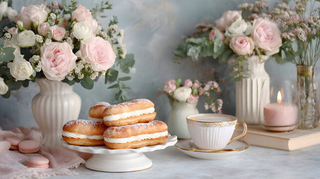 A pastel dessert flat lay with delicate eclairs, white cake stand, and blush accents, balanced lighting and smooth background texture 21666426 1