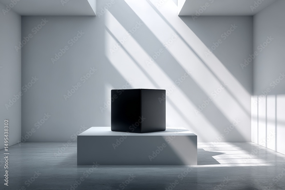 Aufkleber black cube sculpture displayed in a minimalist art gallery with natural light streaming through wind