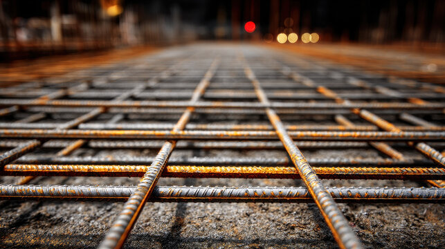 Steel rebar grid on construction site foundation