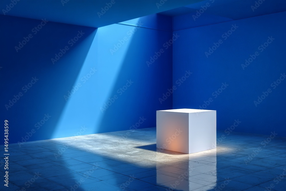Fototapete Artistic space with blue walls and illuminated white cube creating a serene atmosphere