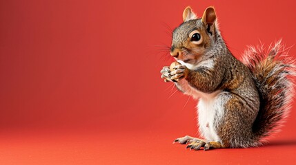Obraz premium Squirrel in profile, holding nut, against vibrant red background