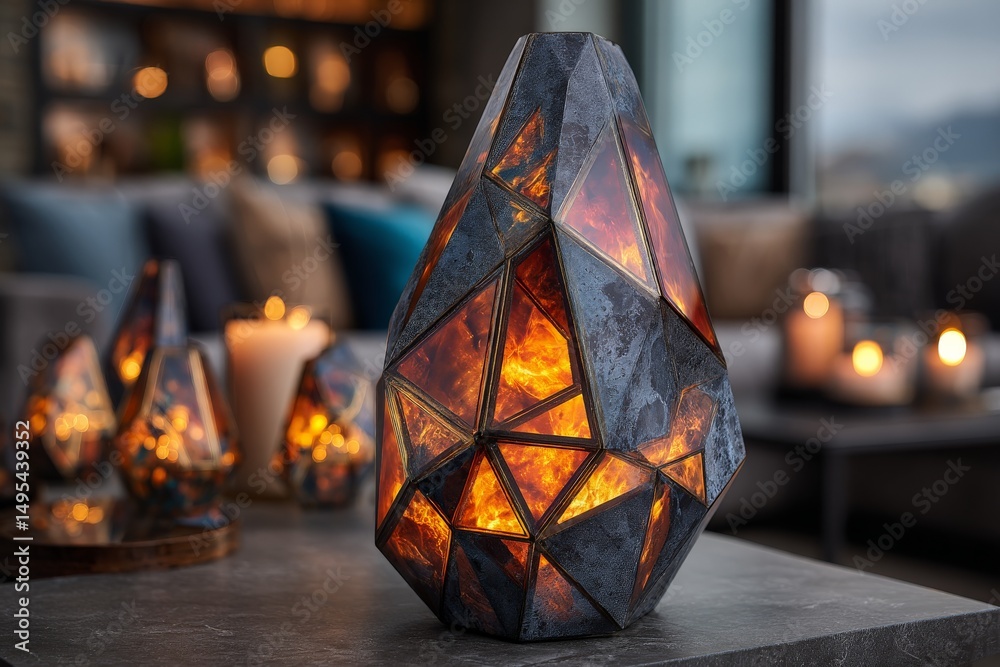 Poster unique geometric lamp design creating a warm, inviting ambiance in a cozy living room setting during