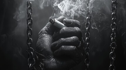 A weathered hand clutches a cigarette while chains dangle ominously, creating a somber mood