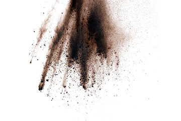 Brown powder explosion isolated on white background.