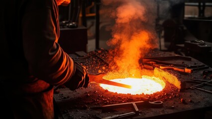Intense heat emanates as a blacksmith forges molten metal, surrounded by tools in a darkened workshop.