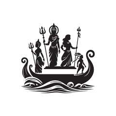 Ganga Dussehra Silhouette Vector Illustration, Solid White Background.