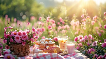 dynamic outdoor scene of spring dessert picnic, floral blanket, candid style, bright midday sunlight, pastel pink and green tones, wide-angle composition with table in foreground