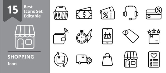 Set of Shopping icons. Icons Contains cart, shopping bag, discount, flash sale, market, shipping, etc . Design elements for you projects. Editable stroke vector illustration