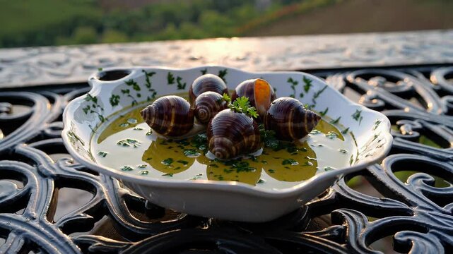 Elegant gourmet escargots glistening with olive oil, garnished with parsley, resting on ornate metal table near vineyard during sunset golden hour