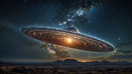Obraz premium Dramatic view of an enormous alien spaceship hovering over a distant, mountainous landscape.