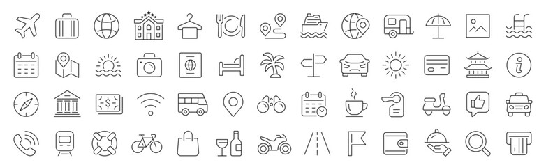 Travel and tourism thin line icons set. Travel icon collection. Editable stroke. Vector