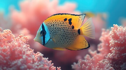 Glowing yellow-black angelfish among soft coral, set against a muted blue-pink backdrop