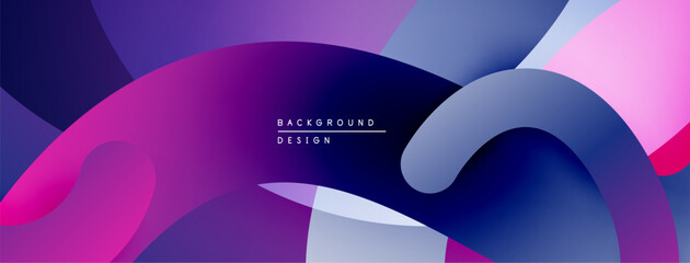 Abstract fluid shapes, vibrant purple hues dominate design. Smooth gradients create dynamic visual flow. Modern aesthetic.