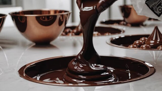 Professional chocolatier carefully pouring glossy dark chocolate into circular mold, surrounded by gleaming copper bowls and artisan chocolate candies on elegant marble surface