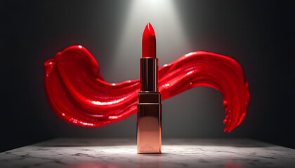 A luxurious red lipstick in a sleek, reflective rose gold tube stands vertically on a polished marble surface under the bright light of a spotlight.