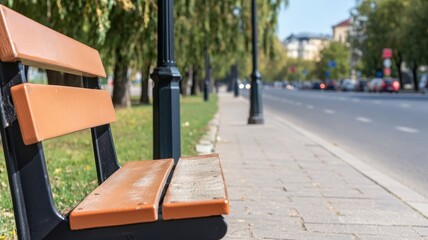 Vintage weathered bench and lamp post on a street or avenue, captured in high resolution.