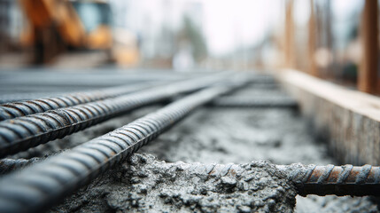 Partially poured concrete over rebar with blurred background