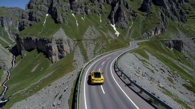 Yellow sports car is driving along winding transfagaraan highway, a paved mountain road crossing carpathian mountains in romania, offering breathtaking views of fagaras mountains