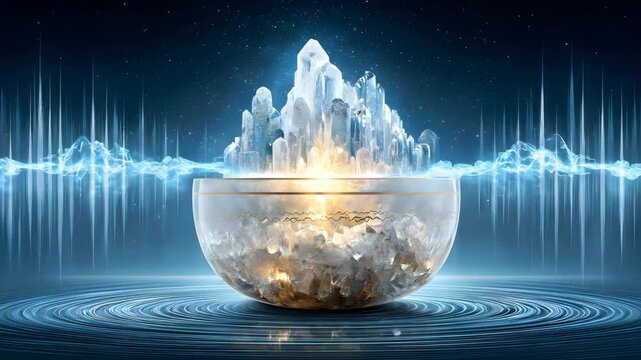 crystal singing bowl with sound frequency aura Crystal sound bath therapy, crystal bowl sound healing, energy healing crystal bowl high-vibration sound bath healing setup energy therapy with light res
