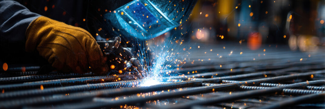 Welding sparks fly as worker welds rebar frame for construction