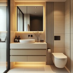 Modern bathroom design featuring elegant fixtures, soft lighting, and minimalistic decor within a stylish urban space