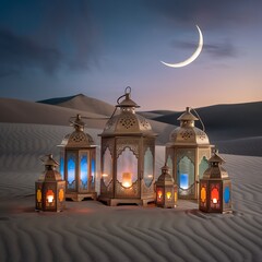 Fototapeta premium Glowing Ramadan Lanterns in Serene Desert Night with Crescent Moon