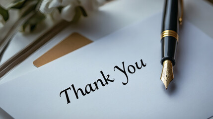 A black and gold pen resting on a handwritten "Thank You" note on a clean white surface. 