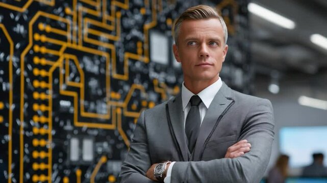 Tech Visionary: A confident businessman, sharp and assertive, stands tall in a modern technological environment, a backdrop of intricate circuit boards reflecting his drive and innovative thinking.  