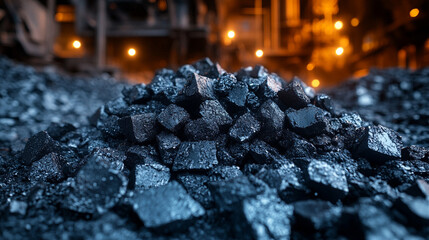 Close-up of raw black coal chunks with rough texture, placed against a blurred industrial background. Dark energy resource concept with blank caption space on the side.