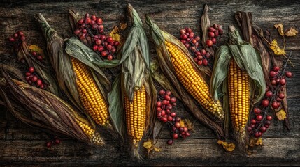 Autumnal corn display on rustic wood.  Dried corn cobs with vibrant fall colors, arranged artfully with berries and autumn leaves
