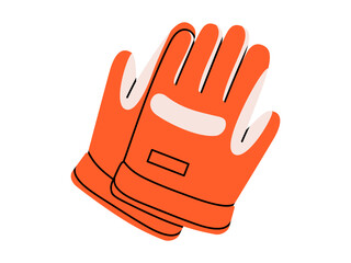 Hand drawn cute cartoon illustration of safety gloves. Flat vector pair of protection covering for hands doodle. Construction uniform sticker. Support service icon. Settings fix problem. Isolated.