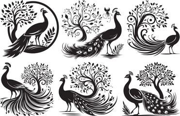 Fototapeta premium Elegant black peacocks with ornate trees and swirls