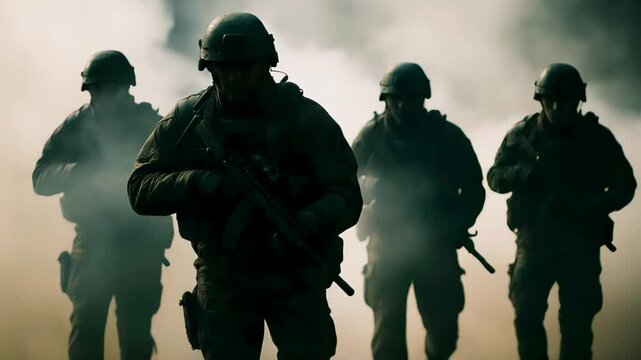 Military squad advancing through smoke and dust, equipped with tactical gear and assault rifles, demonstrating coordinated movement and vigilance in a hostile environment