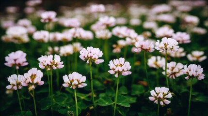 Obraz premium Delicate Pink Clover Blossoms in a Lush Green Field A Stunning Floral Nature Background Image