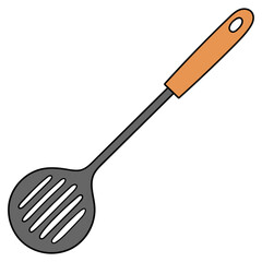 Hand drawn cartoon kitchen spatula with wooden handle isolated on white background.