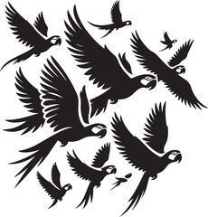 Obraz premium Flock of black parrots in flight silhouette design