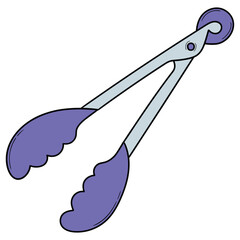 Hand drawn cartoon kitchen tongs on white background.