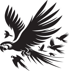 Obraz premium Majestic macaw in flight with flock of birds silhouette