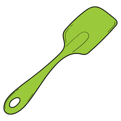 Hand drawn cartoon silicone kitchen green spatula on white background.