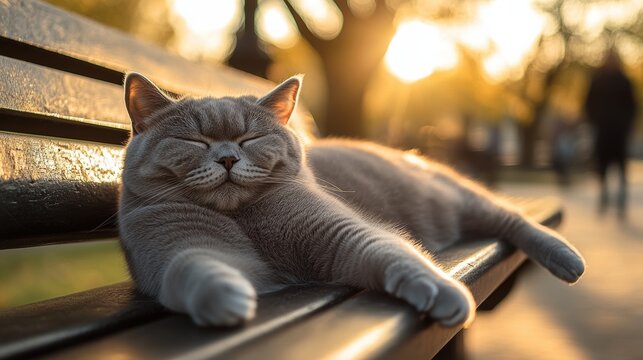 Gray cat enjoys a warm sunset while resting on a park bench in autumn