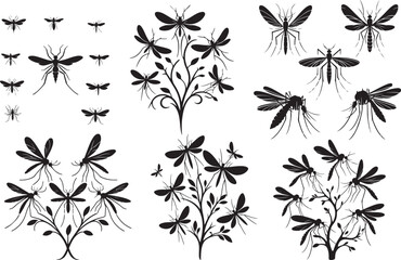 Mosquitoes and gnats silhouettes on plants vector illustration