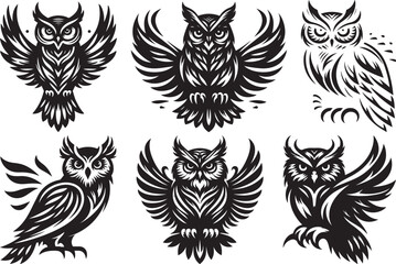 Obraz premium Six black and white owl illustrations tribal style wings