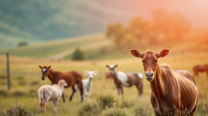 Cow standing in a sunny meadow surrounded by other grazing cattle in the countryside