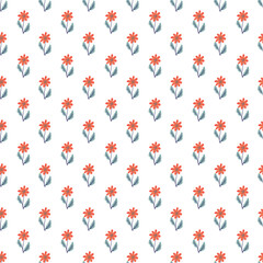 Seamless Pattern of Vibrant Orange Flowers With Green Leaves on White Background