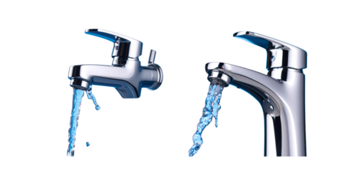  Clean Water Faucet with Splashing Liquid and Droplets, isolated on blue background PNG