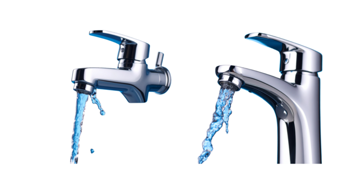  Clean Water Faucet with Splashing Liquid and Droplets, isolated on blue background PNG