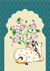 Pichhwai Cow Sitting infront of Lotus Flowers Behind Ehtnic Background 