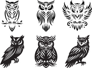 Obraz premium Six stylized black and white owl illustrations tribal art design