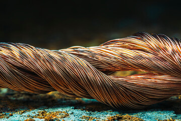 Copper wire on rusted metal background