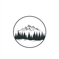 Mountains, forest, nature scene, circular design, graphic art